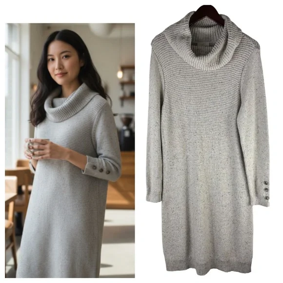 Ann Taylor LOFT Sweater Dress Sz XL 14 16 Scoop Neck Ivory Beige Ribbed Career - Picture 1 of 4